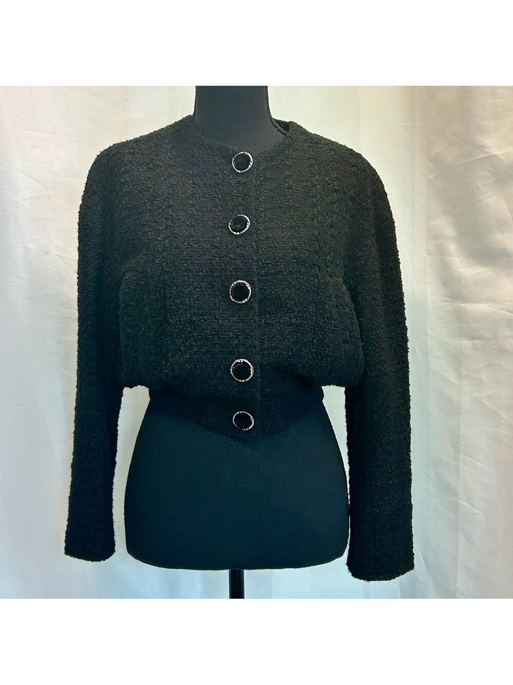 Zara Black tweed bomber jacket velvet button front Sz L
